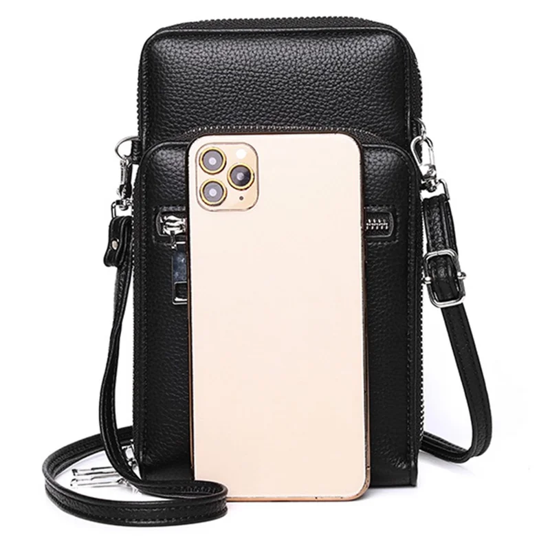 002 Double Layer PU Leather Men Zipper Wallet Cellphone Holder Small Crossbody Bag - Black