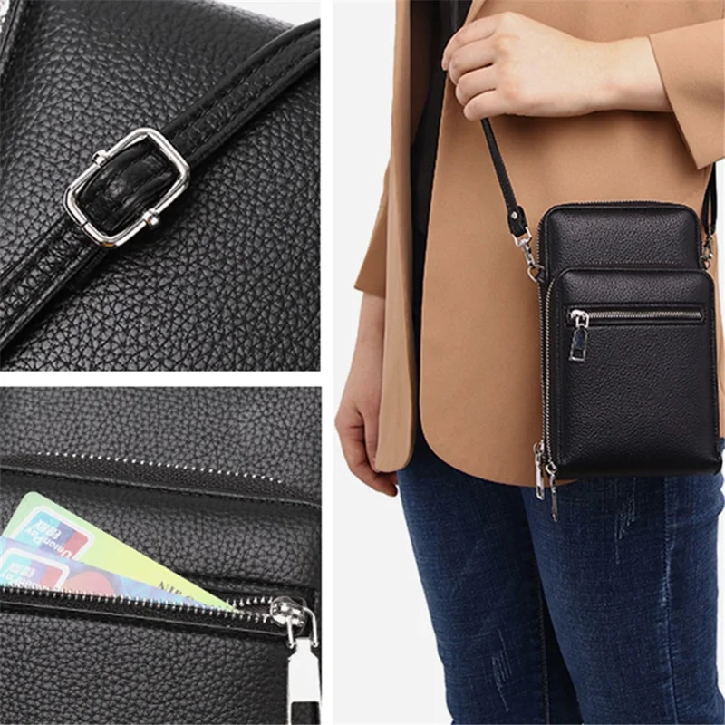 002 Double Layer PU Leather Men Zipper Wallet Cellphone Holder Small Crossbody Bag - Black