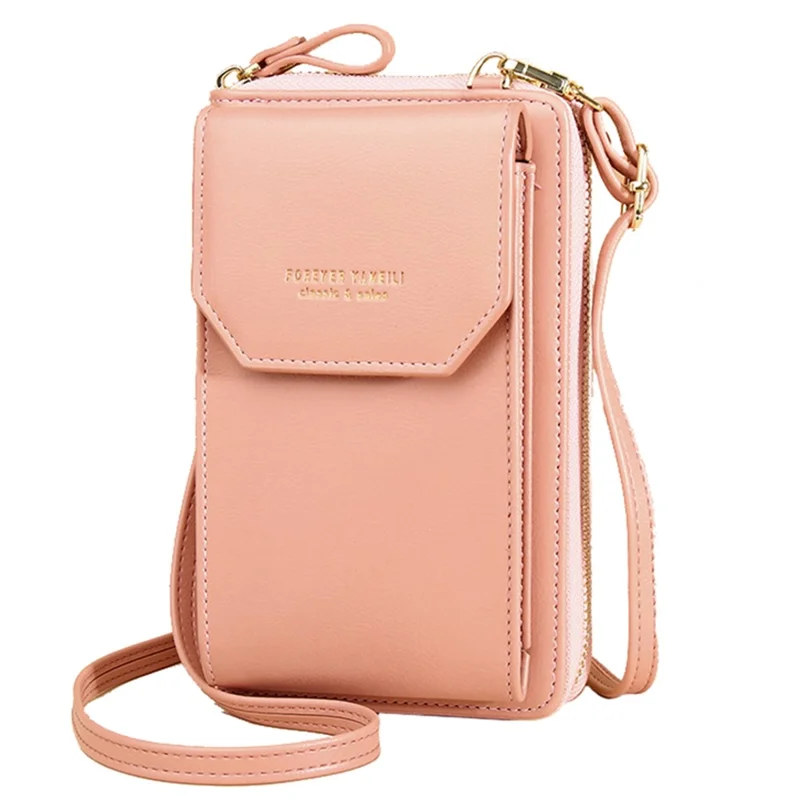Carteira de Couro PU para Mulheres 7121, Bolsa de Ombro Transversal com Suporte para Celular - Rosa