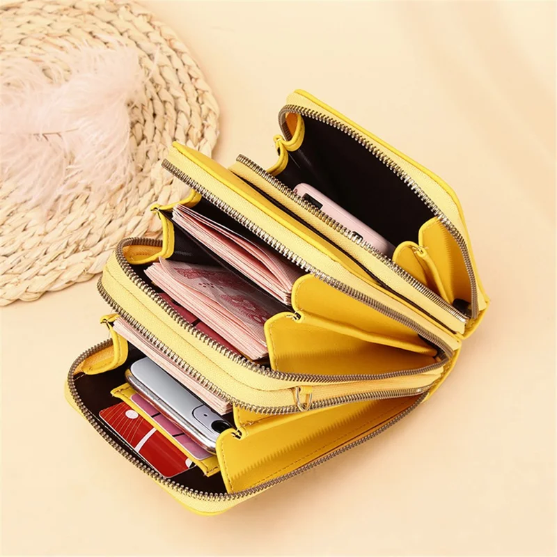 7133 Three-layer Zipper Wallet PU Leather Women Small Crossbody Cellphone Bag - Yellow