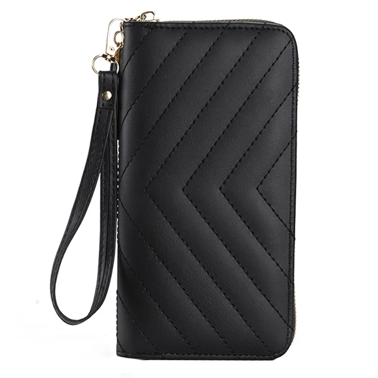 9316 Women's Wristlet Clutch Purse Stitching Line Design PU Leather Cell Phone Pouch Long Wallet Handbag - Black