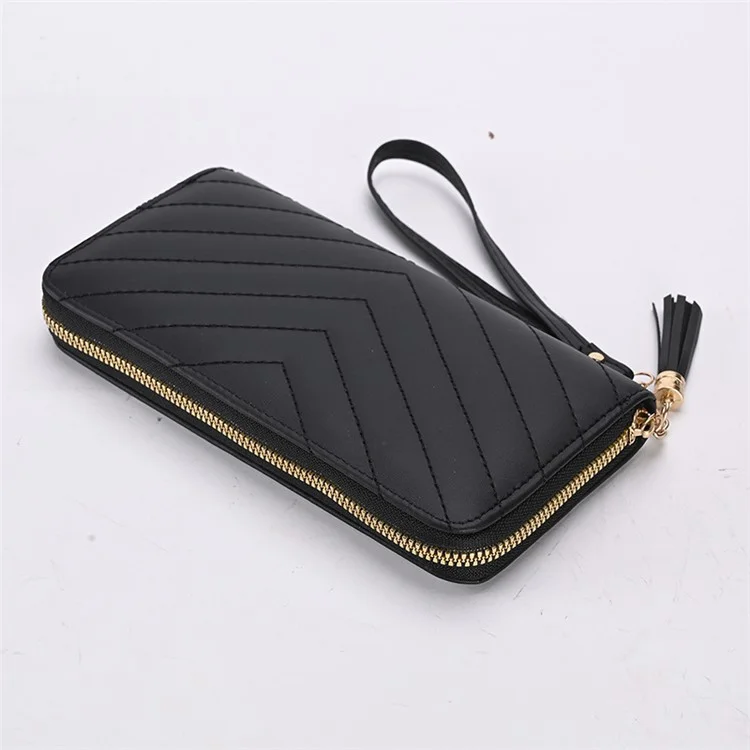 9316 Women's Wristlet Clutch Purse Stitching Line Design PU Leather Cell Phone Pouch Long Wallet Handbag - Black
