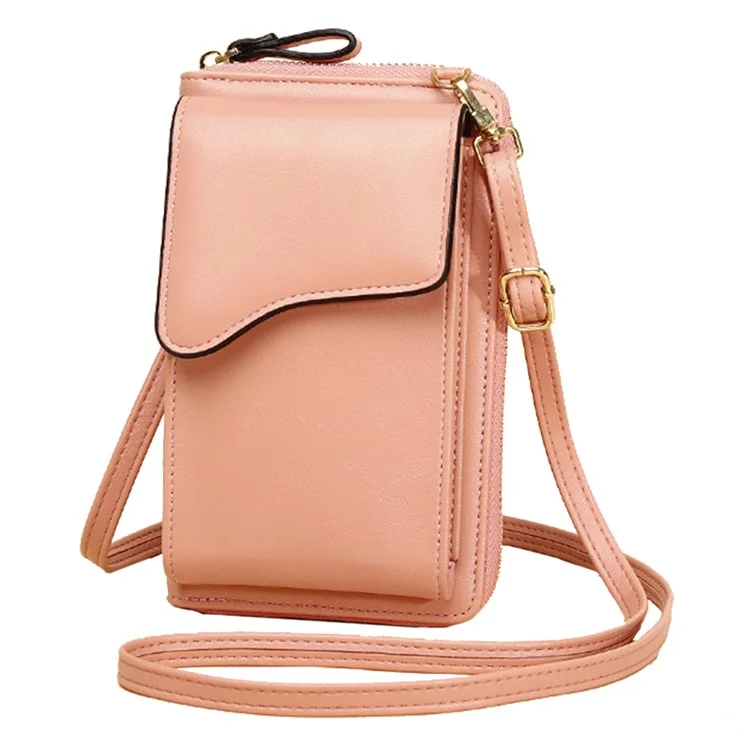 7119 Cell Phone Pouch Solid Color PU Leather Zipper Wallet Women Small Crossbody Shoulder Bag - Pink