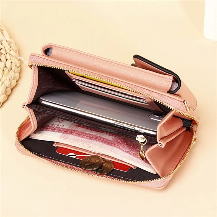 7119 Cell Phone Pouch Solid Color PU Leather Zipper Wallet Women Small Crossbody Shoulder Bag - Pink