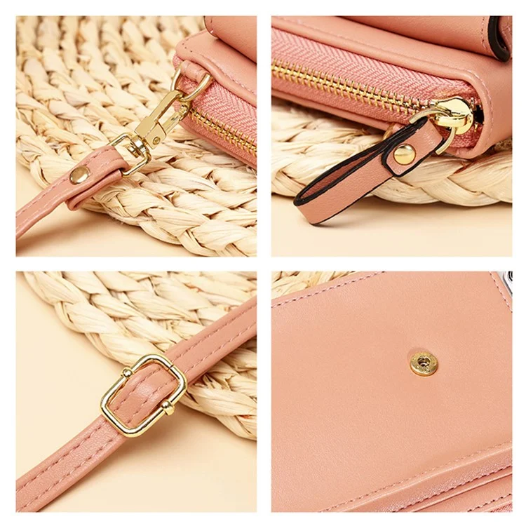 7119 Cell Phone Pouch Solid Color PU Leather Zipper Wallet Women Small Crossbody Shoulder Bag - Pink