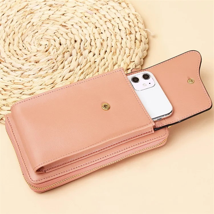 7119 Cell Phone Pouch Solid Color PU Leather Zipper Wallet Women Small Crossbody Shoulder Bag - Pink