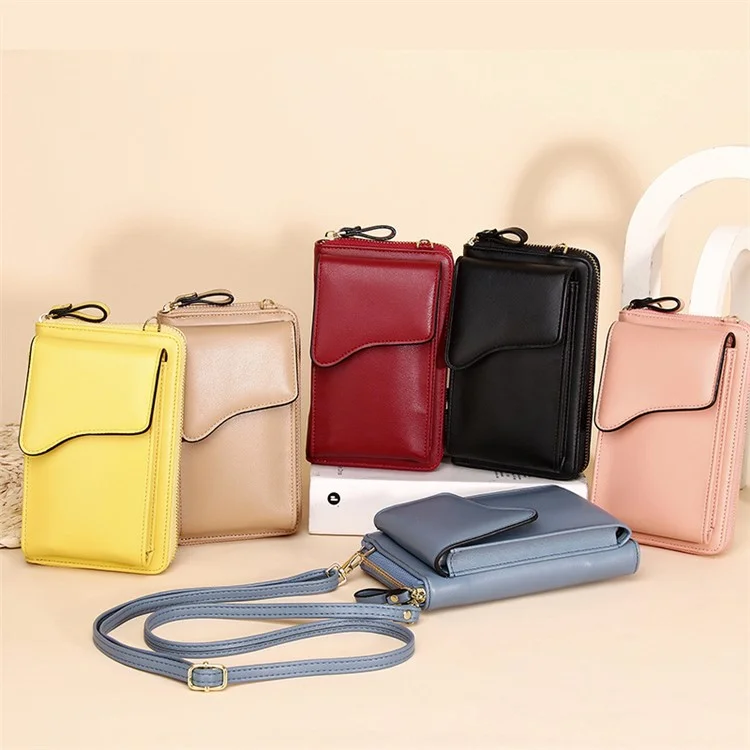 7119 Cell Phone Pouch Solid Color PU Leather Zipper Wallet Women Small Crossbody Shoulder Bag - Pink