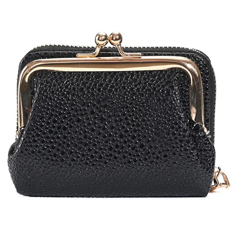9310 Litchi Texture Leather Mini Wallet Kiss-lock Coin Small Change Purse Card Holder Bag - Black