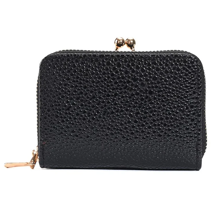 9310 Litchi Texture Leather Mini Wallet Kiss-lock Coin Small Change Purse Card Holder Bag - Black