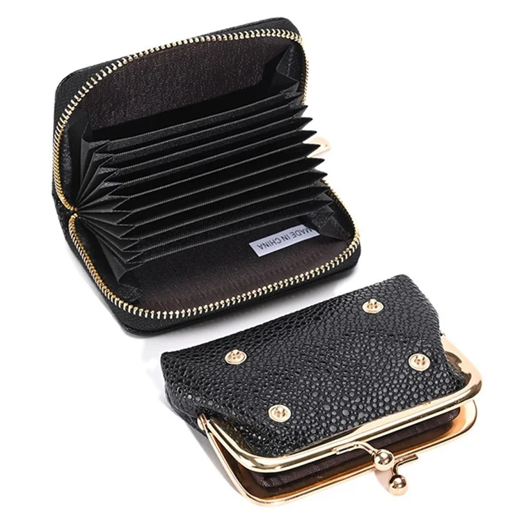 9310 Litchi Texture Leather Mini Wallet Kiss-lock Coin Small Change Purse Card Holder Bag - Black