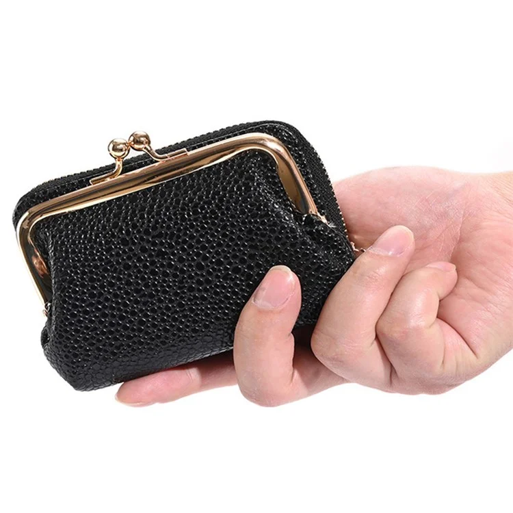 9310 Litchi Texture Leather Mini Wallet Kiss-lock Coin Small Change Purse Card Holder Bag - Black
