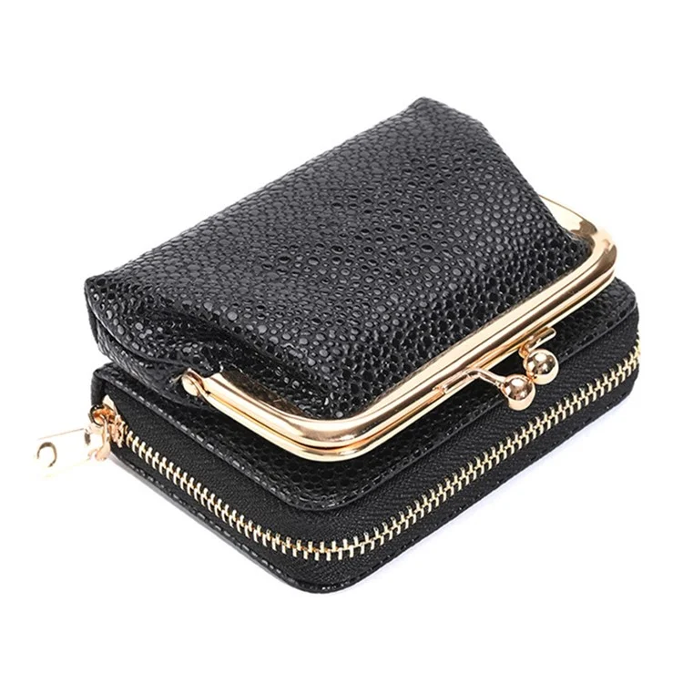 9310 Litchi Texture Leather Mini Wallet Kiss-lock Coin Small Change Purse Card Holder Bag - Black