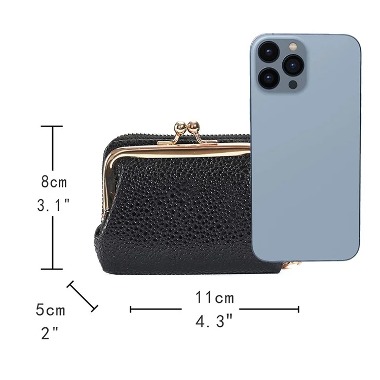 9310 Litchi Texture Leather Mini Wallet Kiss-lock Coin Small Change Purse Card Holder Bag - Black