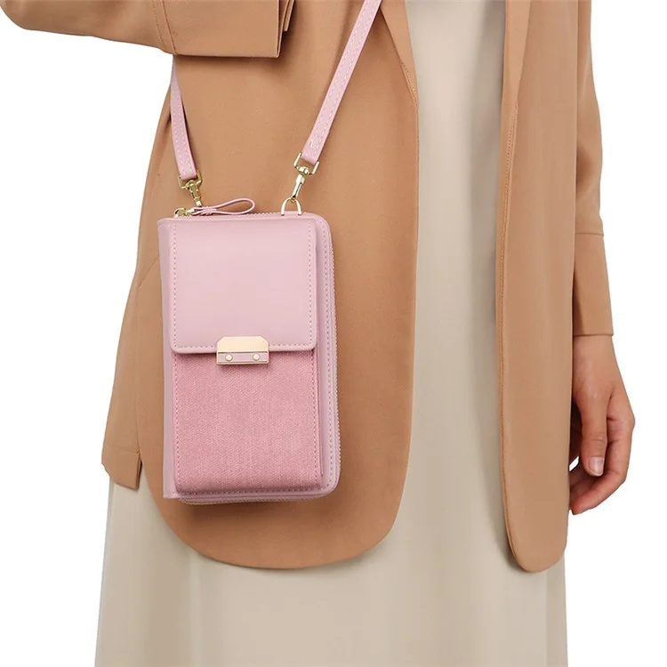 6139 Bolsa de Telefone de Carteira Feminina de Couro PU Crossbody Bolsa de Ombro Porta-Cartões de Armazenamento - Rosa