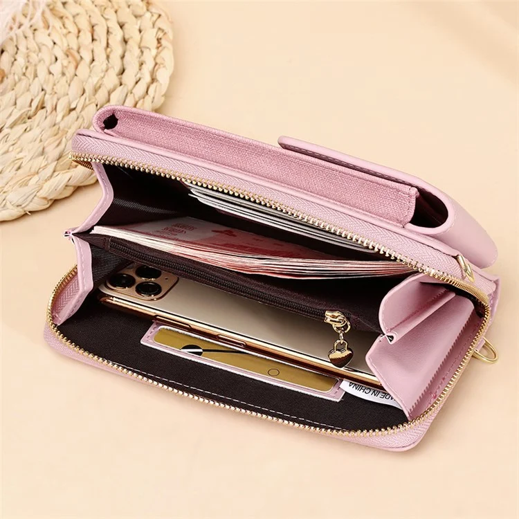 6139 Bolsa de Telefone de Carteira Feminina de Couro PU Crossbody Bolsa de Ombro Porta-Cartões de Armazenamento - Rosa