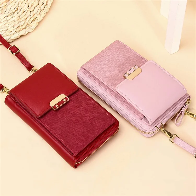 6139 Bolsa de Telefone de Carteira Feminina de Couro PU Crossbody Bolsa de Ombro Porta-Cartões de Armazenamento - Rosa