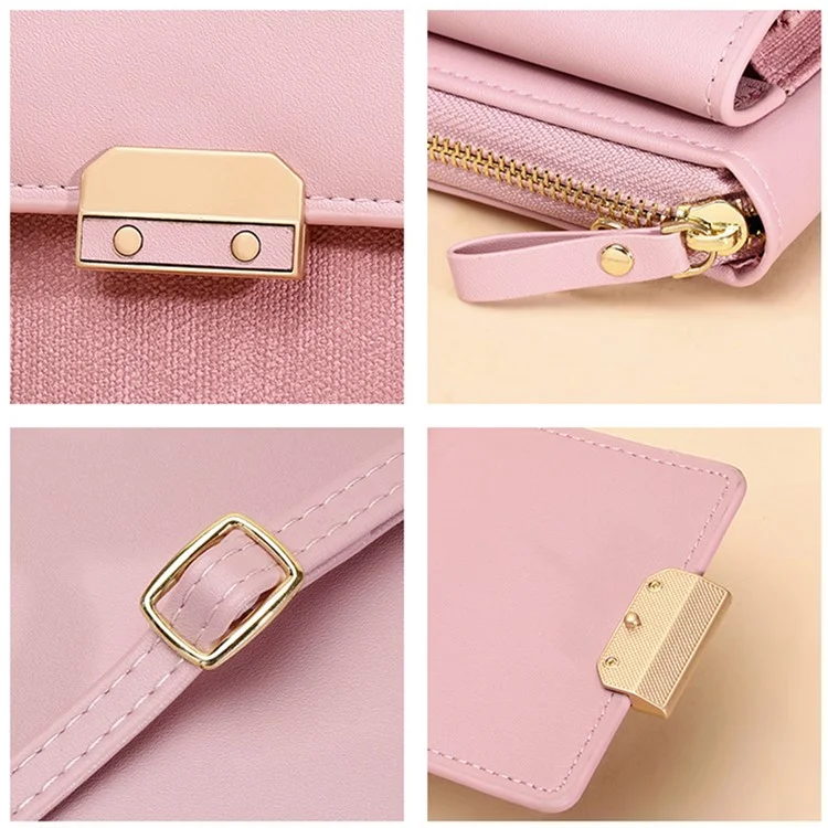 6139 Bolsa de Telefone de Carteira Feminina de Couro PU Crossbody Bolsa de Ombro Porta-Cartões de Armazenamento - Rosa