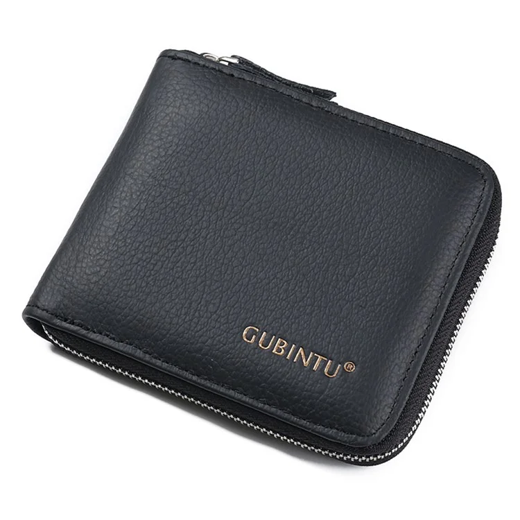 GUBINTU Top Layer Cowhide Leather Business Men Zipper Short Wallet Cards Cash Storage Bag
