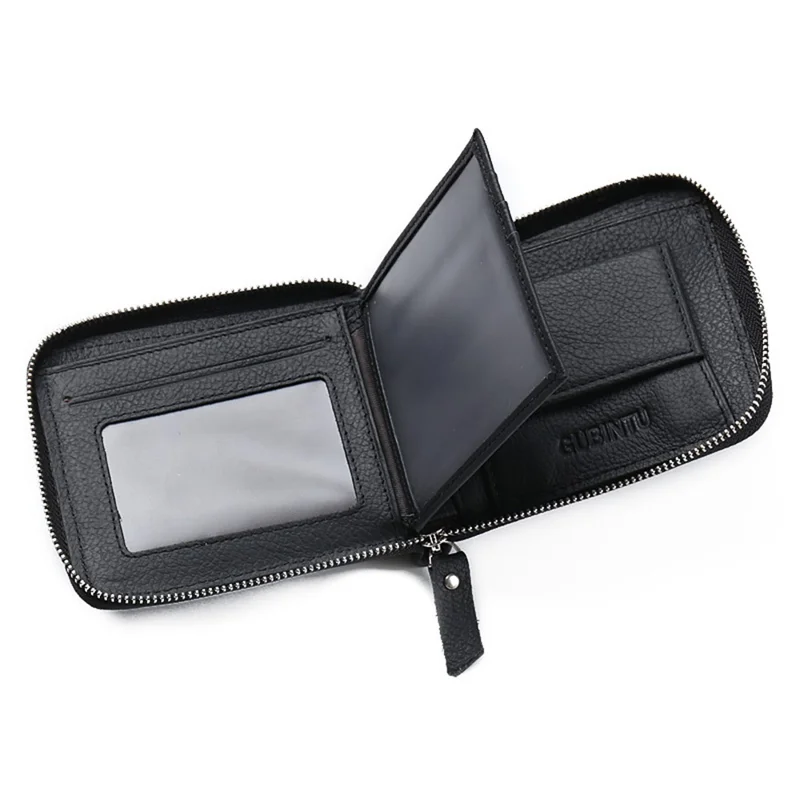 GUBINTU Top Layer Cowhide Leather Business Men Zipper Short Wallet Cards Cash Storage Bag
