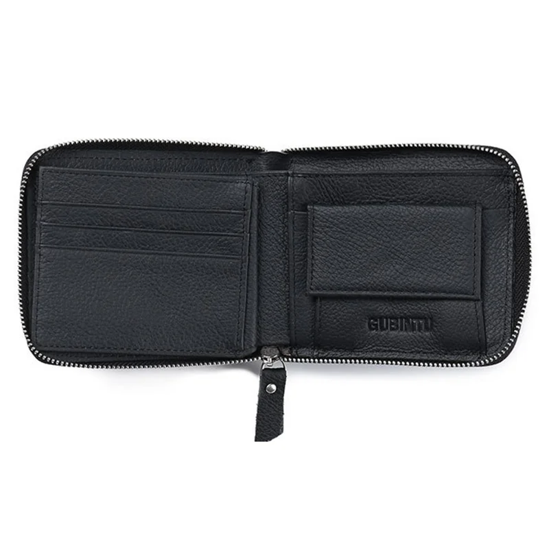GUBINTU Top Layer Cowhide Leather Business Men Zipper Short Wallet Cards Cash Storage Bag