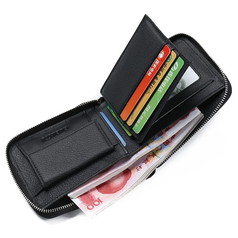 GUBINTU Top Layer Cowhide Leather Business Men Zipper Short Wallet Cards Cash Storage Bag