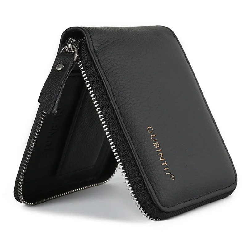 GUBINTU Top Layer Cowhide Leather Business Men Zipper Short Wallet Cards Cash Storage Bag