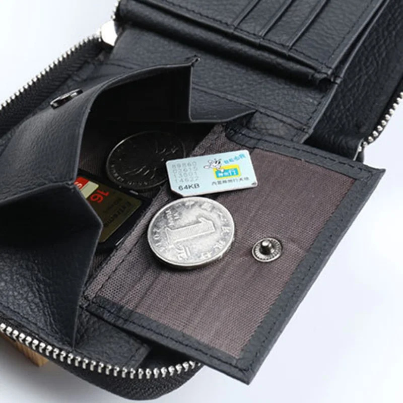 GUBINTU Top Layer Cowhide Leather Business Men Zipper Short Wallet Cards Cash Storage Bag