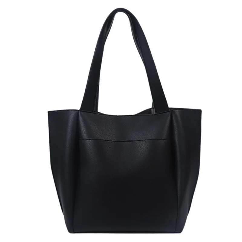 Large PU Leather Tote Handbag Top-Handle Women's Bucket Bag Shoulder Bag - Black