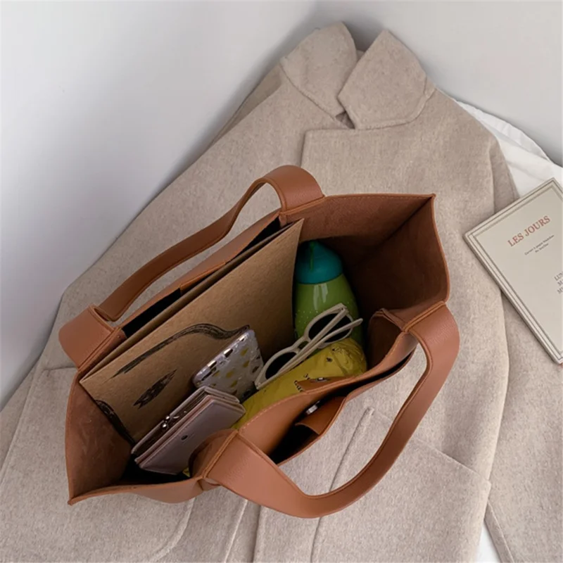 Large PU Leather Tote Handbag Top-Handle Women's Bucket Bag Shoulder Bag - Black