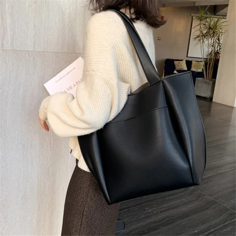 Large PU Leather Tote Handbag Top-Handle Women's Bucket Bag Shoulder Bag - Black