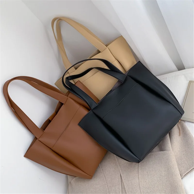 Large PU Leather Tote Handbag Top-Handle Women's Bucket Bag Shoulder Bag - Black