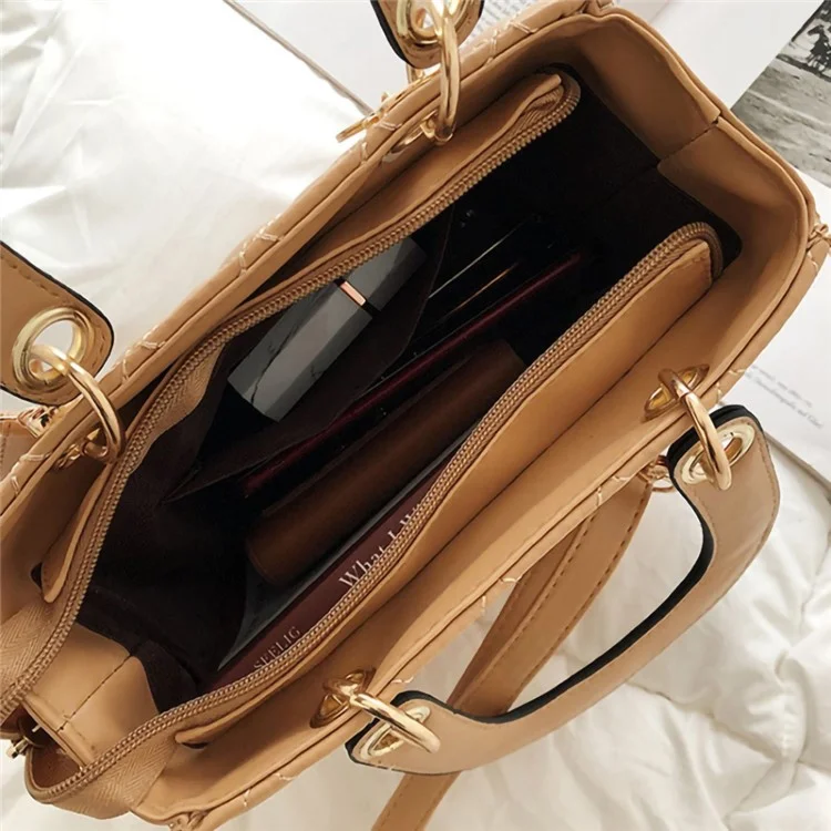 BJ-2198 Women's Shopping Handbag Tote Retro Stitching Line Leather Crossbody Shoulder Bag - Pink
