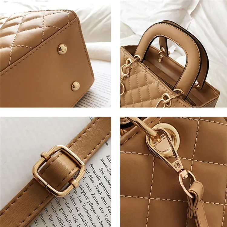 BJ-2198 Women's Shopping Handbag Tote Retro Stitching Line Leather Crossbody Shoulder Bag - Pink