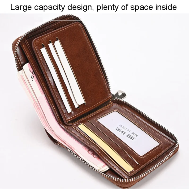3868 Men's RFID Blocking Wallet Zipper PU Leather Card Pouch Coin Purse Bag Billfold - Brown