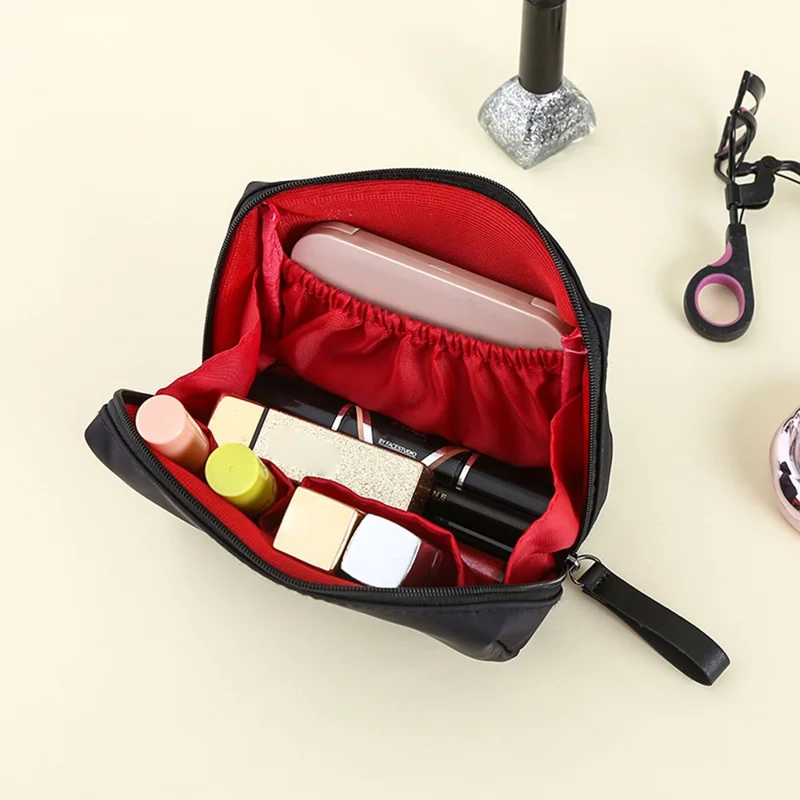 YOUJI Portable Travel Lipstick Storage Bag Women Double Zipper Small Makeup Bag - Black+Red Lining