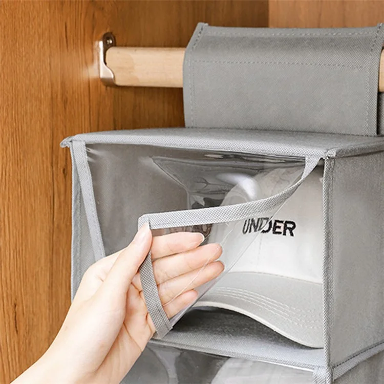 MOHO & HOME 6312 Clear Lid Design 10 Layer Hat Storage Bag Non-woven Wardrobe Hanging Organizer, 23*30*150cm - Grey