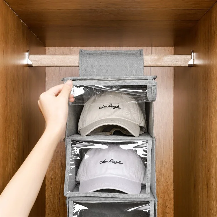 MOHO & HOME 6312 Clear Lid Design 10 Layer Hat Storage Bag Non-woven Wardrobe Hanging Organizer, 23*30*150cm - Grey