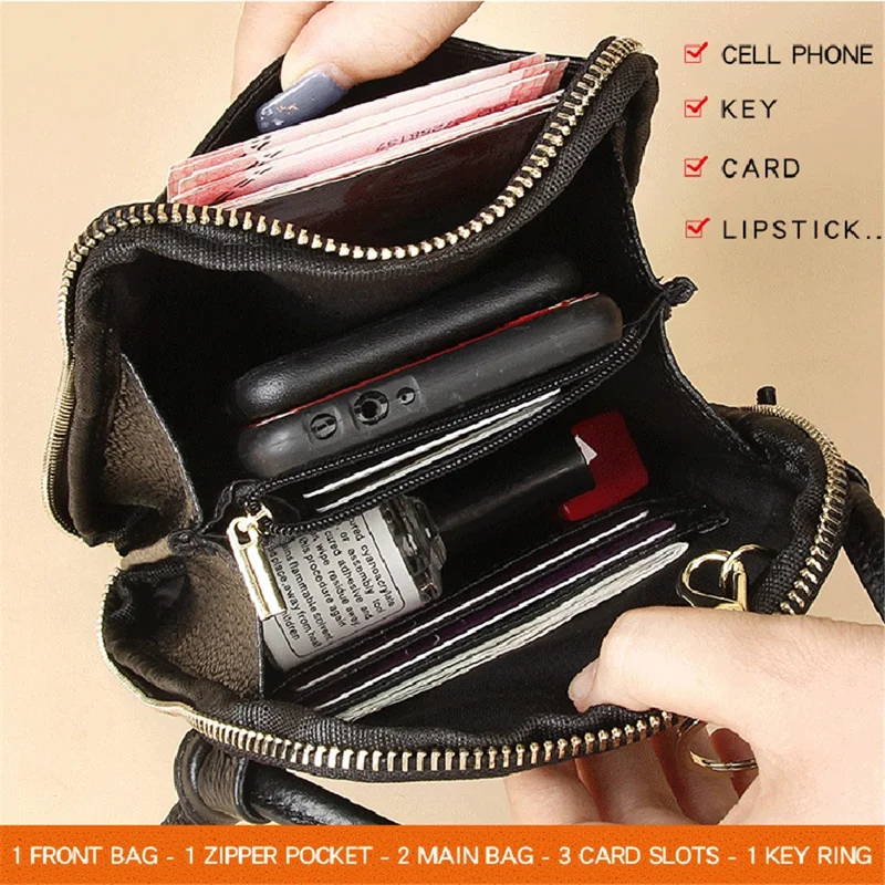 0016 First Layer Cowhide Women Crossbody Bag Phone Cards Holder Zipper Crossbody Bag - Schwarz