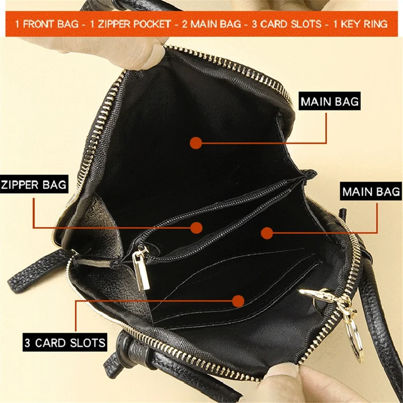 0016 First Layer Cowhide Women Crossbody Bag Phone Cards Holder Zipper Crossbody Bag - Schwarz