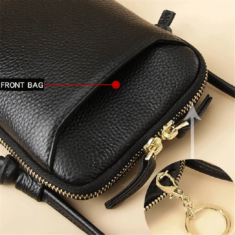 0016 First Layer Cowhide Women Crossbody Bag Phone Cards Holder Zipper Crossbody Bag - Schwarz
