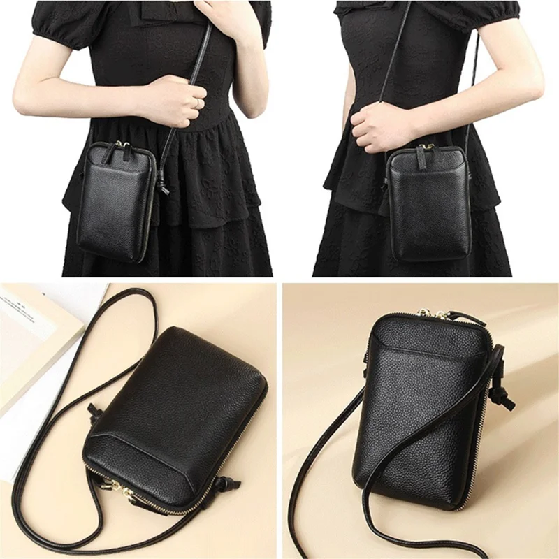 0016 First Layer Cowhide Women Crossbody Bag Phone Cards Holder Zipper Crossbody Bag - Schwarz