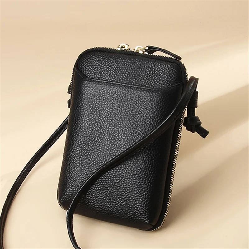 0016 First Layer Cowhide Women Crossbody Bag Phone Cards Holder Zipper Crossbody Bag - Schwarz