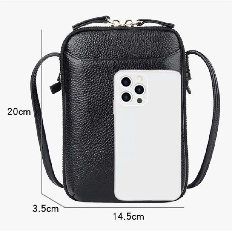 0016 First Layer Cowhide Women Crossbody Bag Phone Cards Holder Zipper Crossbody Bag - Schwarz