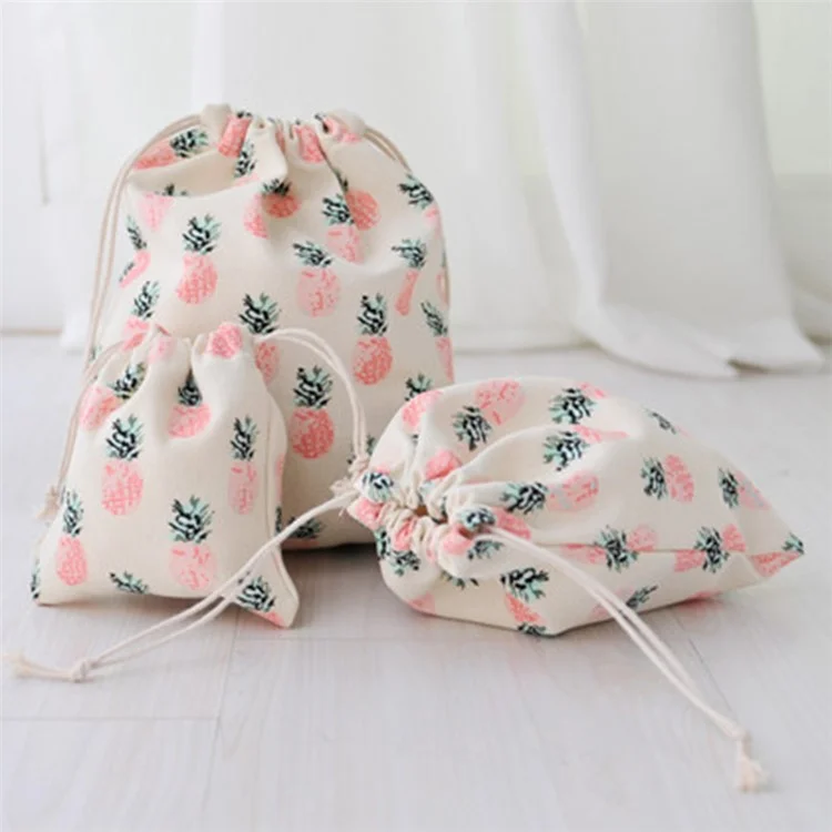 TZ 3Pcs / Set Pineapple Canvas Drawstring Bags Reusable Storage Bag Home Travel Organizer Sort Pocket Bag