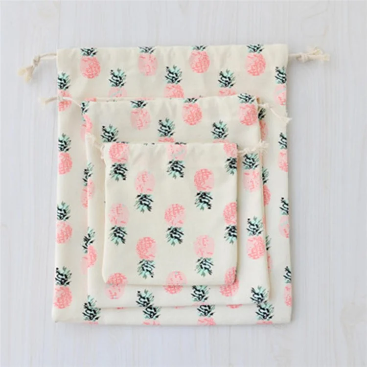 TZ 3Pcs / Set Pineapple Canvas Drawstring Bags Reusable Storage Bag Home Travel Organizer Sort Pocket Bag