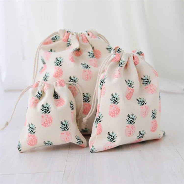 TZ 3Pcs / Set Pineapple Canvas Drawstring Bags Reusable Storage Bag Home Travel Organizer Sort Pocket Bag