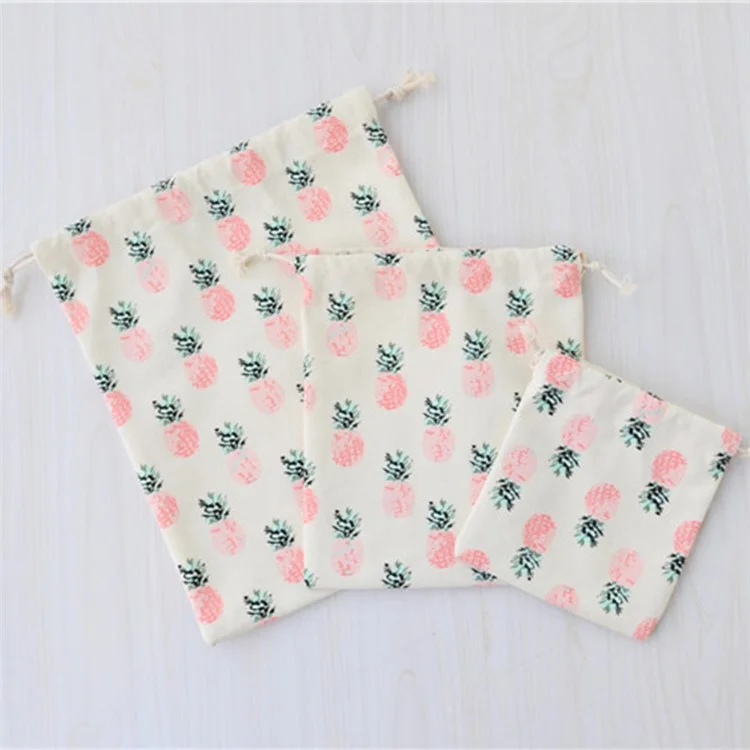 TZ 3Pcs / Set Pineapple Canvas Drawstring Bags Reusable Storage Bag Home Travel Organizer Sort Pocket Bag