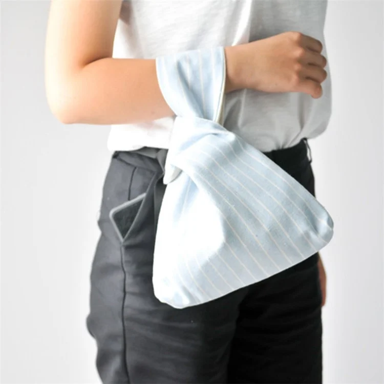 TZ Simple Stripe Design Canvas Wrist Bag Portable Cosmetic, Cellphone, Wallet, Coin Purse Tote Handbag - Baby Blue