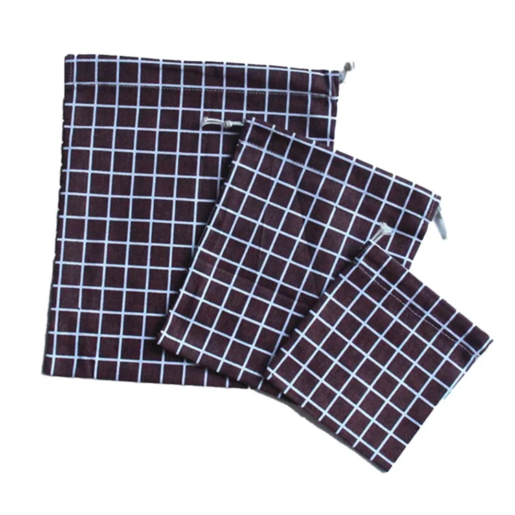 TZ 3Pcs / Set Grids Design Cotton Linen Drawstring Bags Home Travel Reusable Container Storage Bag - Brown