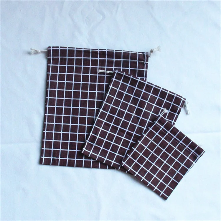 TZ 3Pcs / Set Grids Design Cotton Linen Drawstring Bags Home Travel Reusable Container Storage Bag - Brown
